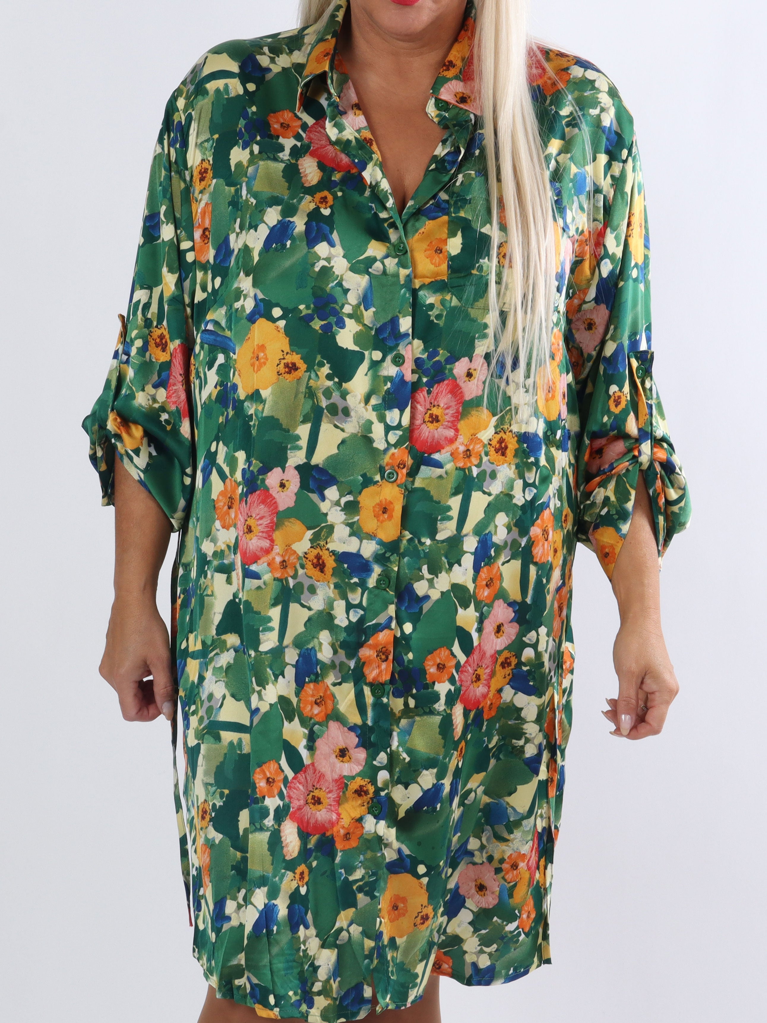 Marietia - Skjortklänning i silkeslook med blommigt tryck - Green